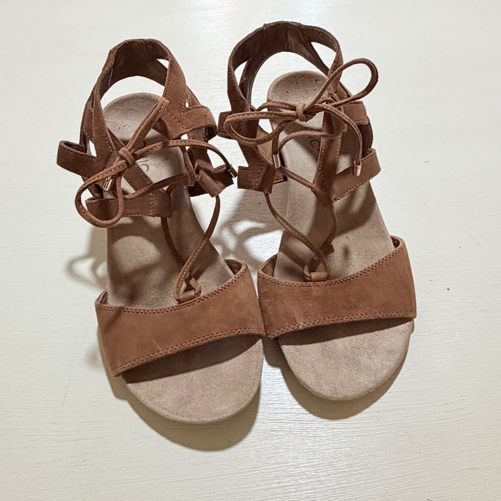 Vionic Tansi Tan Suede Lace Up Espadrille Wedge Sandals Brown Womens 9 385TANSI